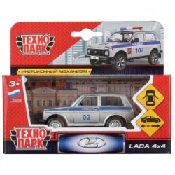 Машина металл LADA 4x4 ПОЛИЦИЯ 9 см, двери, инерц, сереб, кор. Технопарк в кор.2*72шт