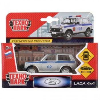 Машина металл LADA 4x4 ПОЛИЦИЯ 9 см, двери, инерц, сереб, кор. Технопарк в кор.2*72шт