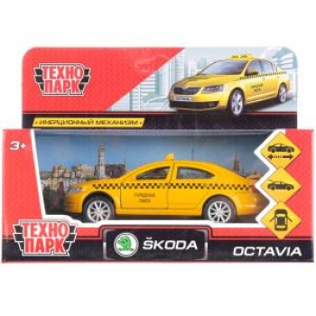 Машина металл SKODA OCTAVIA ТАКСИ, длина 12 см, откр дв, багаж, инерц. в кор. Технопарк в кор.2*36шт