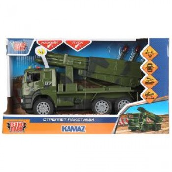 Машина пластик свет-звук KAMAZ РАКЕТНИЦА 25 см, двери, инер, камуф, кор. Технопарк в кор.2*12шт