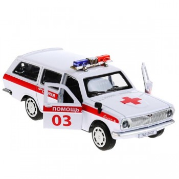 Машина металл ГАЗ-2402 "ВОЛГА" СКОРАЯ 12 см, двери, багаж, белая, в кор. Технопарк в кор.2*36шт