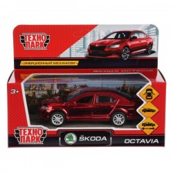 Машина металл SKODA OCTAVIA ХРОМ 12 см, двери, багаж, инерц, красный, кор. Технопарк в кор.2*36шт